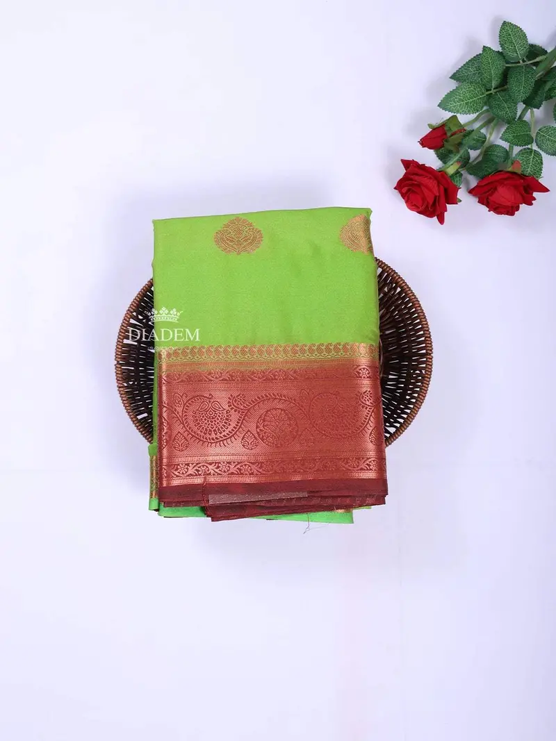 Parrot Green Art Silk Saree With Zari Butta On The Body And Contrast Zari Border 1