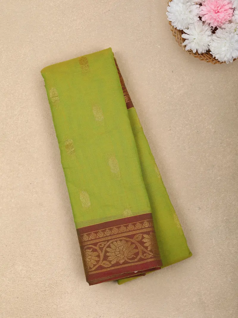 Parrot Green Butta Woven Design Cotton Saree With Contrast Border 1