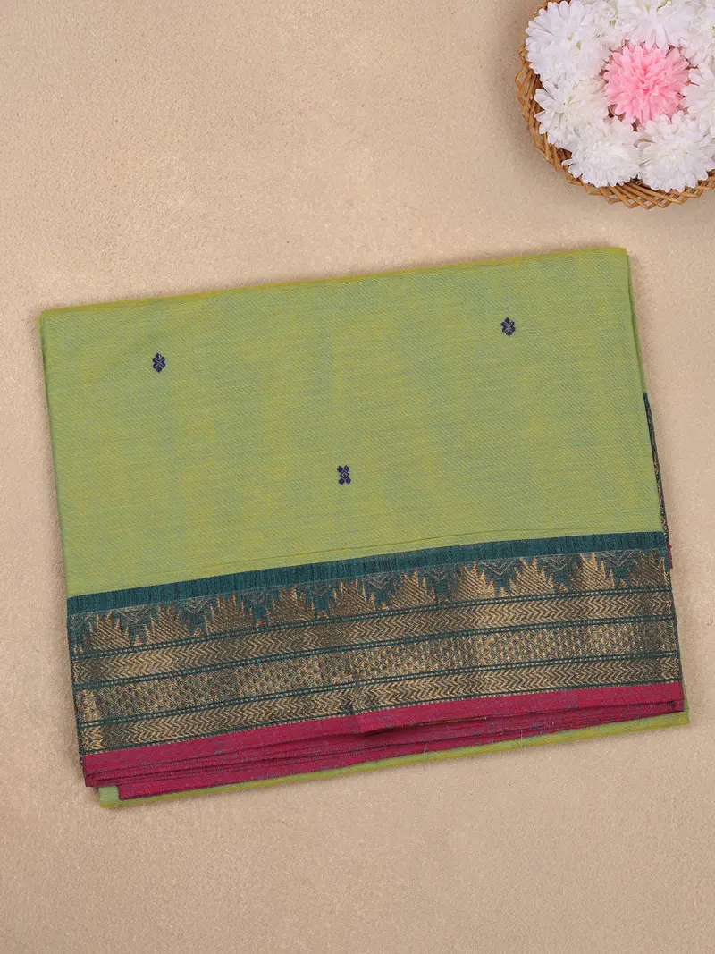 Parrot Green Butta Woven Design Cotton Saree With Contrast Zari Border 1
