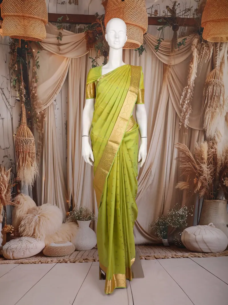 Parrot Green Butta Woven Design Pure Kanchipuram Silk Saree With Zari Woven Border 1