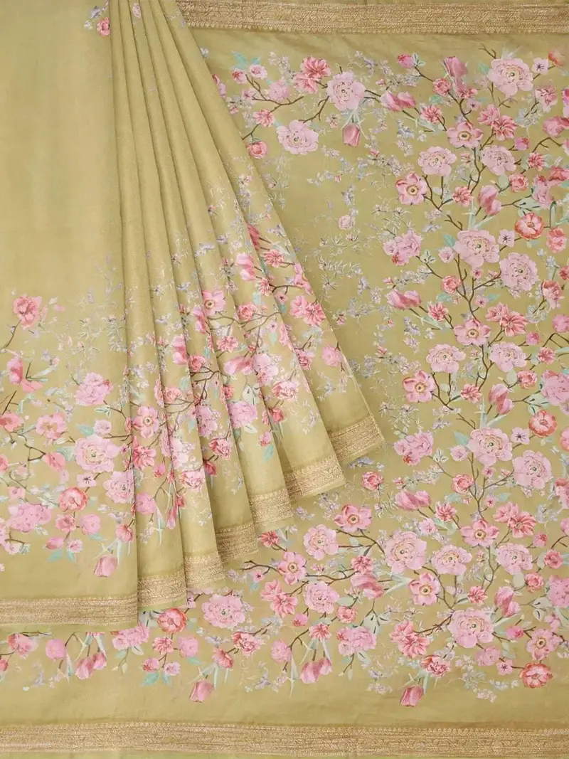 Parrot Green Chanderi Silk Saree With Floral Prints On The Body And Printed Border 1