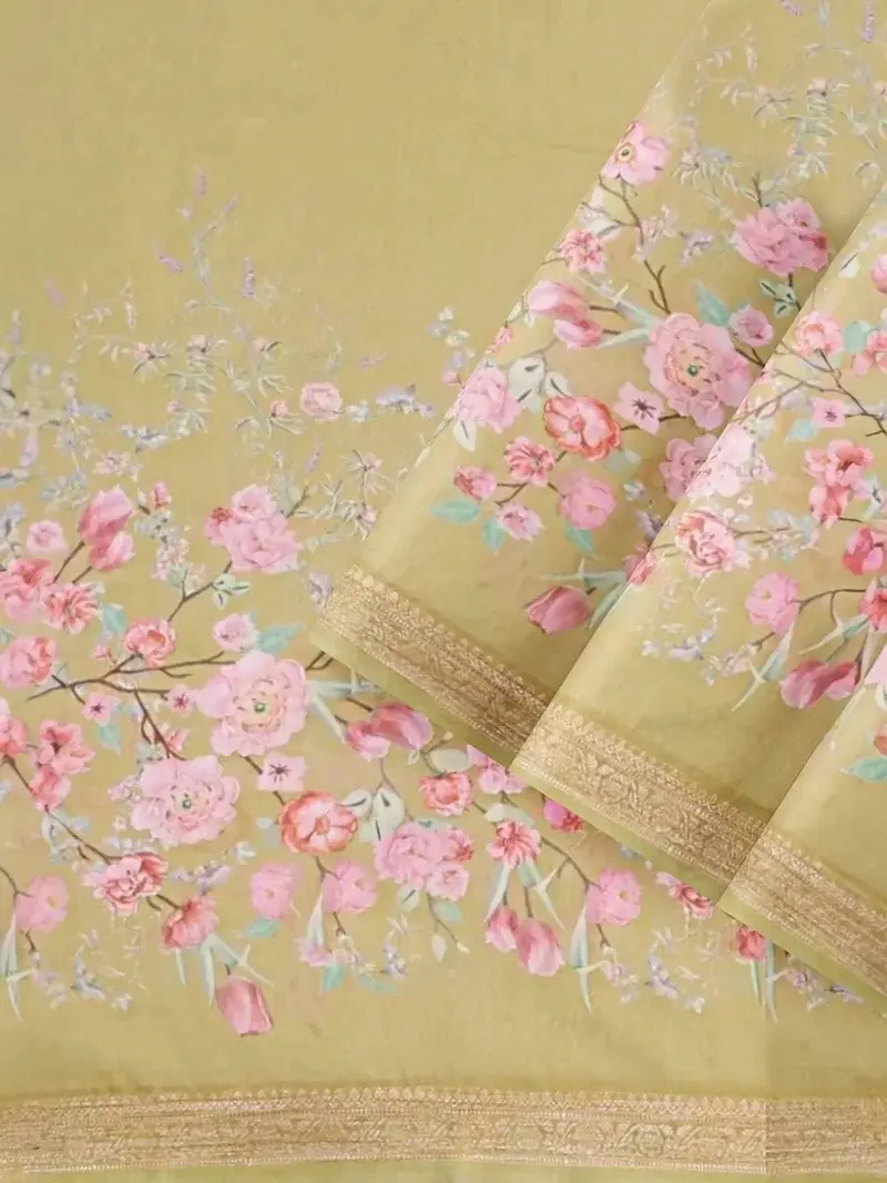 Parrot Green Chanderi Silk Saree With Floral Prints On The Body And Printed Border 2