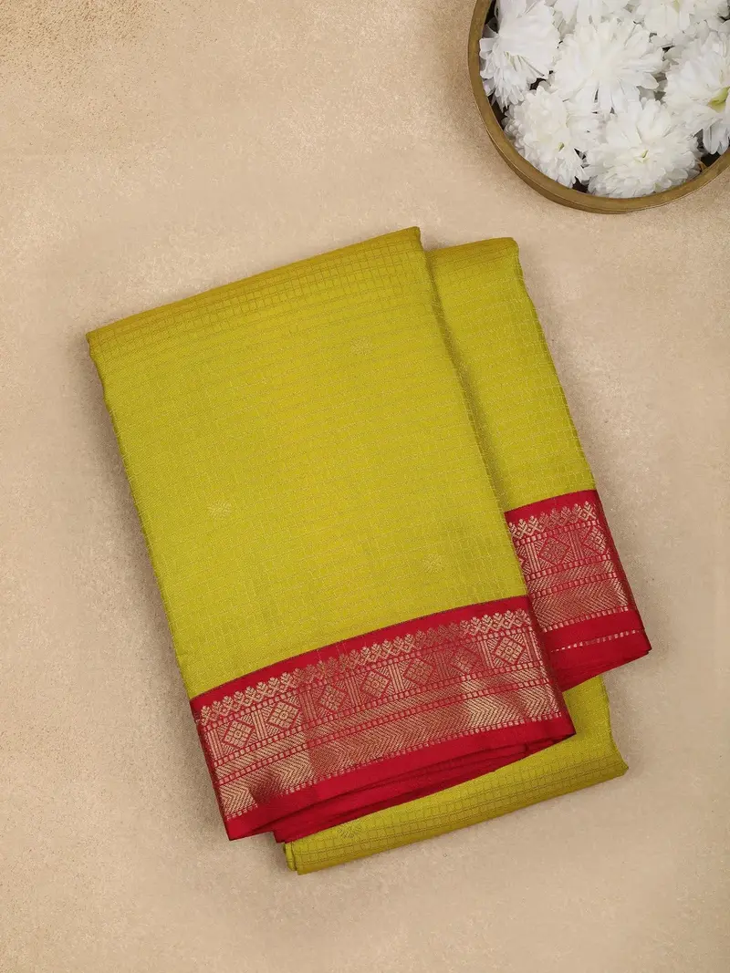 Parrot Green Checked Designs Pure Kanchipuram Silk Saree 1