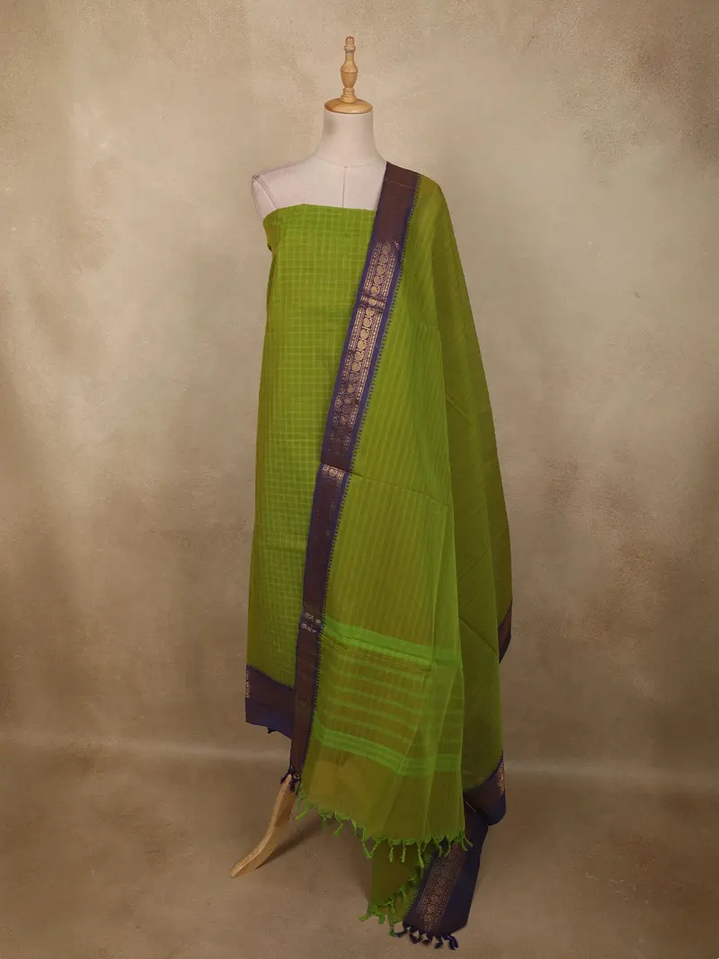 Parrot Green Checked Woven Design Pure Cotton Unstitched Salwar Material With Dupatta 1
