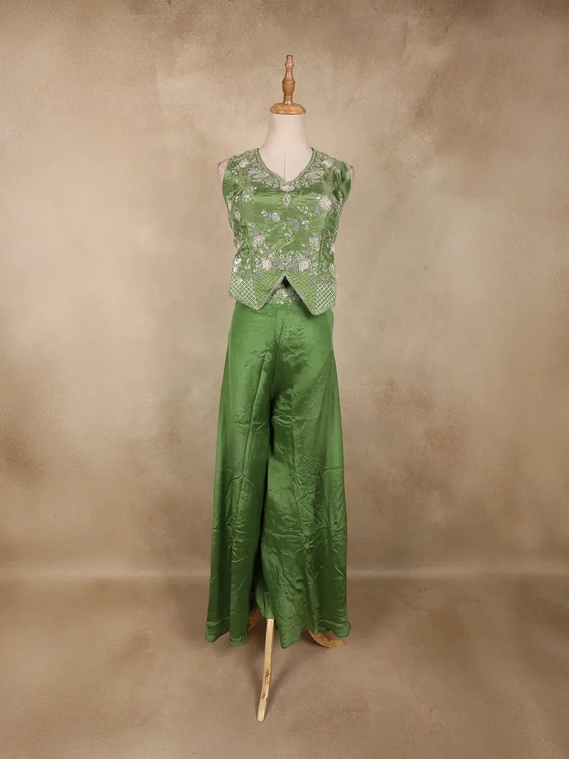 Parrot Green Floral Beads Embroidered Design Tissue Palazzo Suit 1