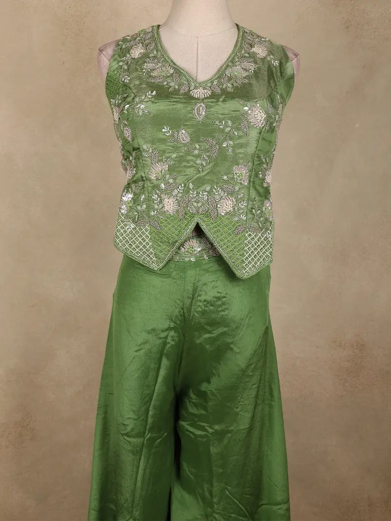 Parrot Green Floral Beads Embroidered Design Tissue Palazzo Suit 2