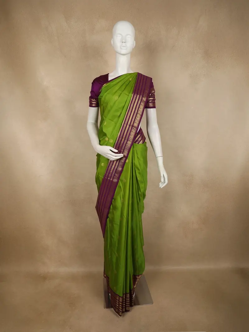 Parrot Green Floral Butta Woven Design Pure Kanchipuram Silk Saree With Contrast Zari Border 1