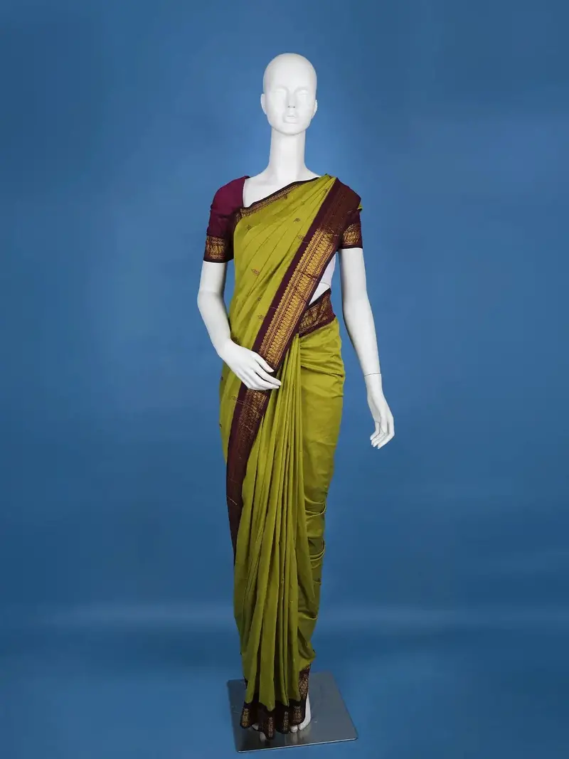 Parrot Green Floral Design Cotton Saree 1