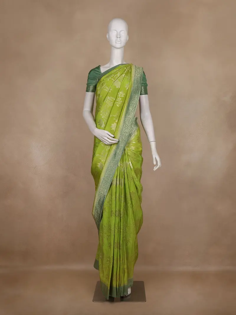 Parrot Green Floral Design Semi Banarasi Saree With Contrast Mint Green Border 1