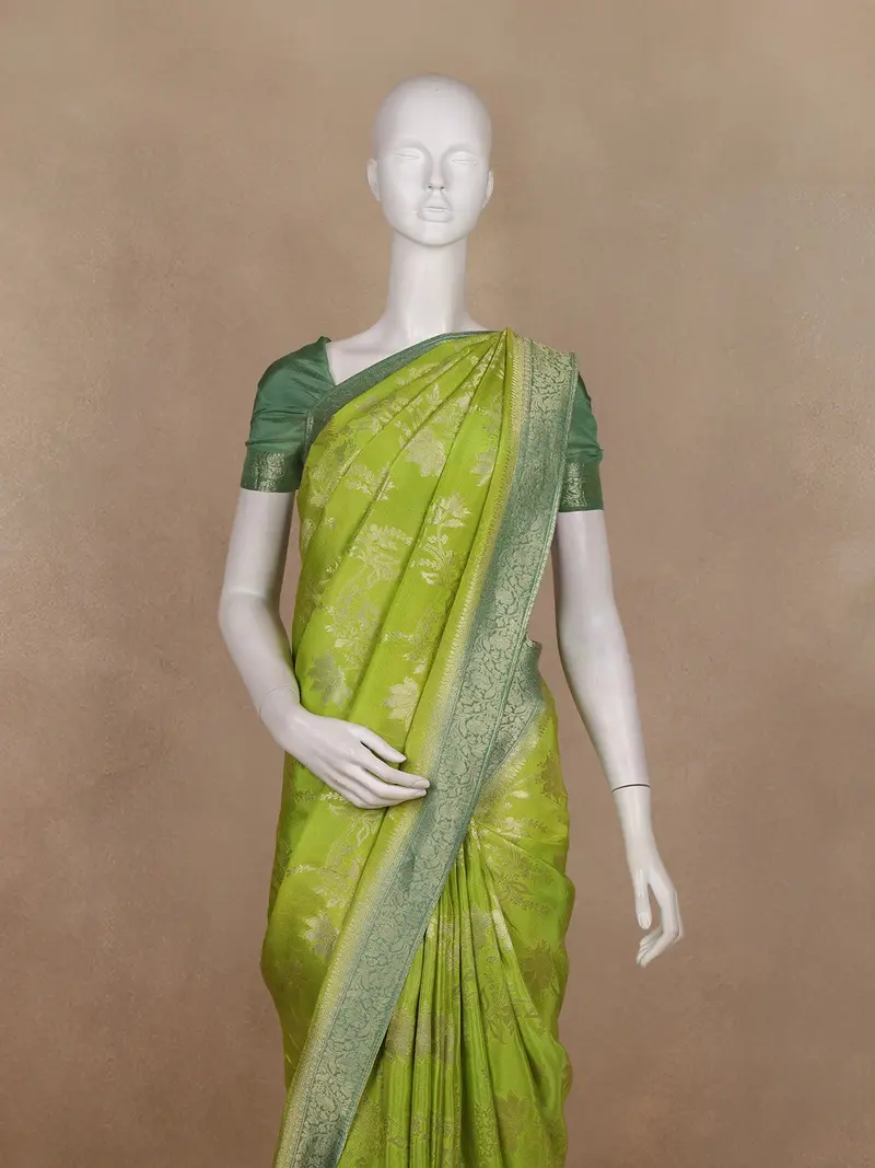 Parrot Green Floral Design Semi Banarasi Saree With Contrast Mint Green Border 2