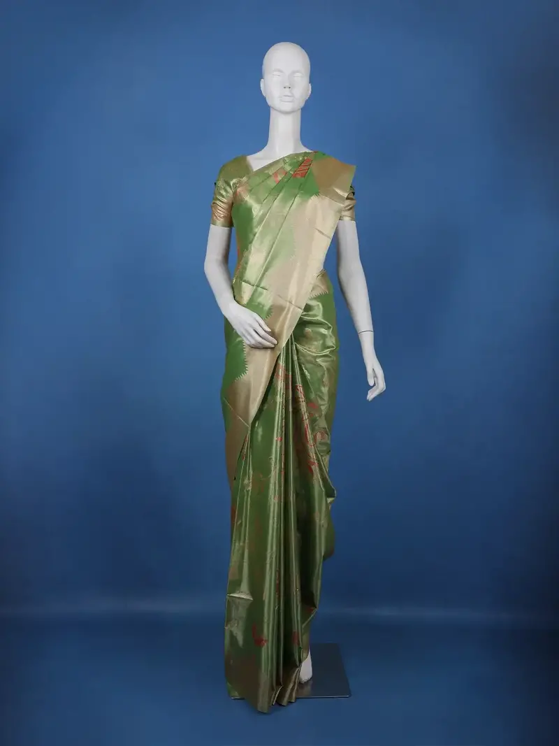 Parrot Green Floral Design Tissue Saree 1