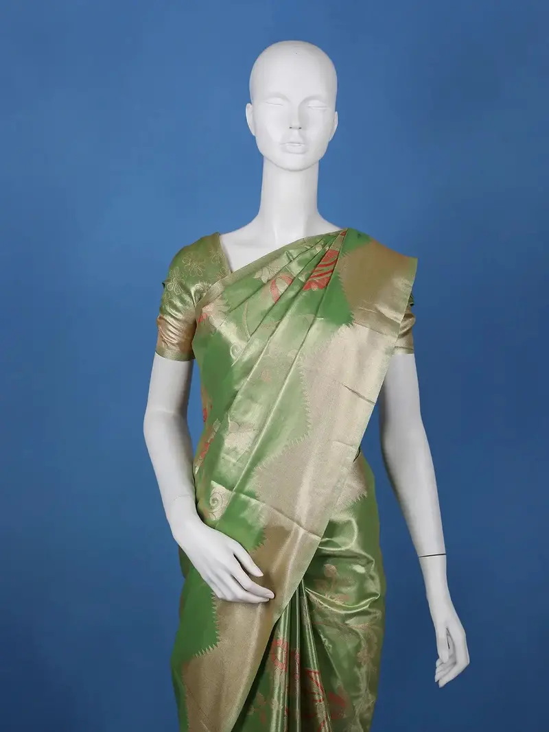 Parrot Green Floral Design Tissue Saree 2