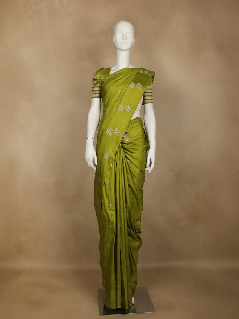 Parrot Green Floral Design Tussar Silk Saree 1
