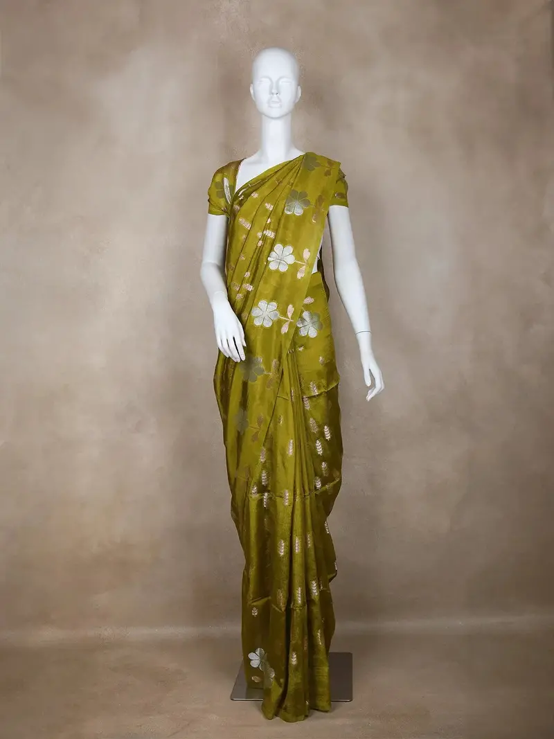 Parrot Green Floral Designed Semi Silk Fancy Saree 1