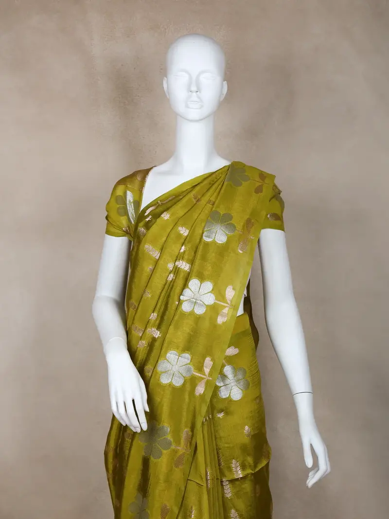Parrot Green Floral Designed Semi Silk Fancy Saree 2