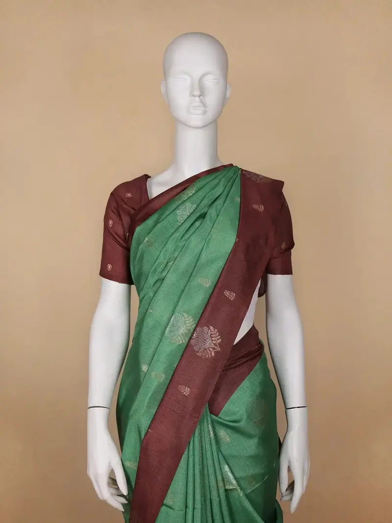 Parrot Green Floral Designed Semi Tussar Saree 2