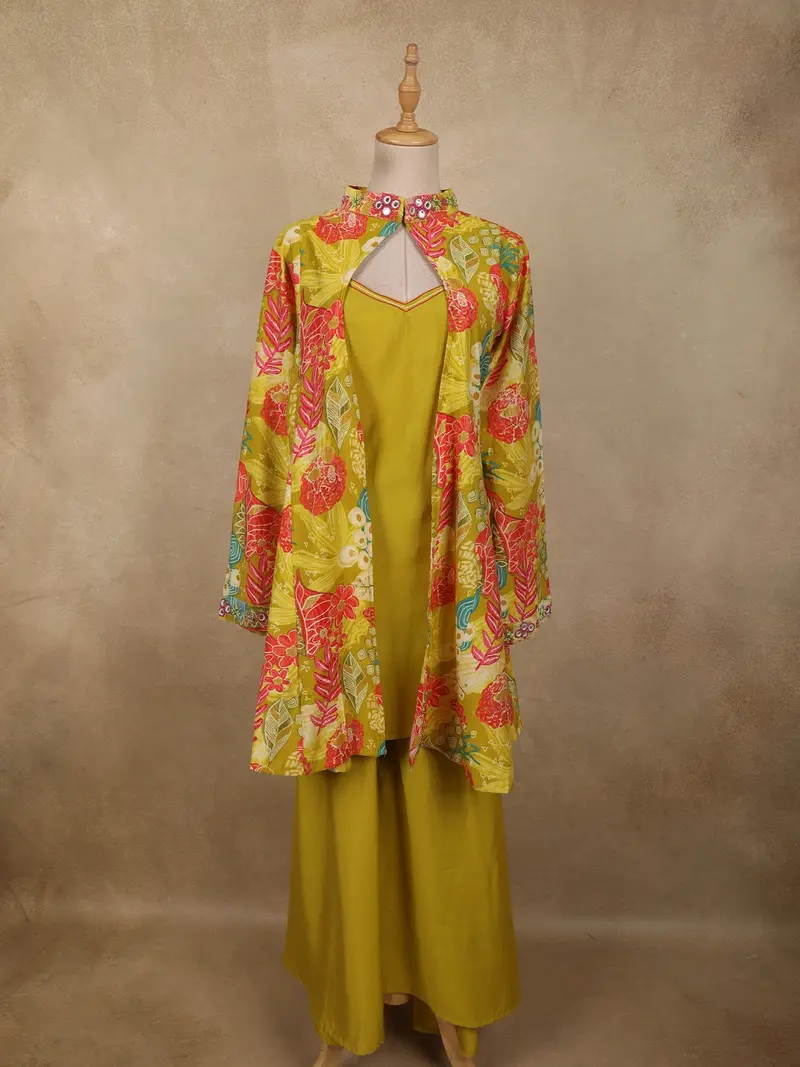 Parrot Green Floral Printed Design Cotton Plazzo Suit With Jacket 1