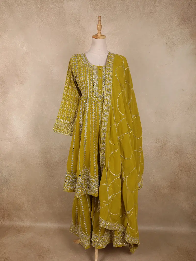 Parrot Green Floral Sequins And Thread Embroidered Design Georgette Palazzo Suit With Dupatta 1