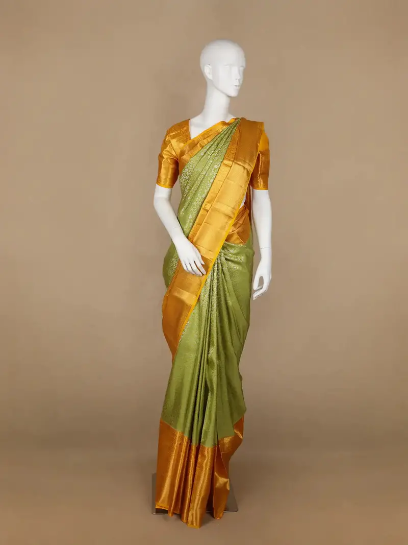 Parrot Green Floral Woven Pure Kanchipuram Silk Saree 1