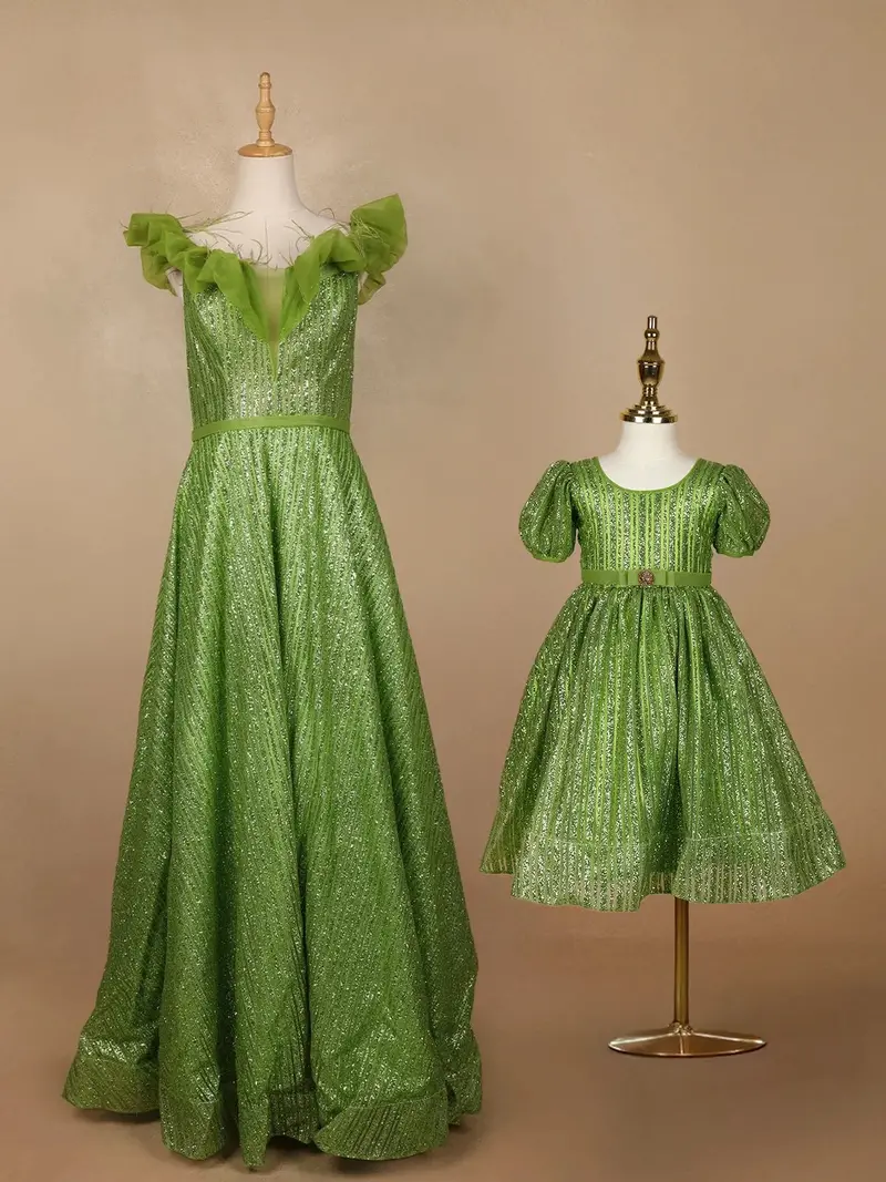 Parrot Green Glittery Party Wear Gowns For Mother & Daughter 1