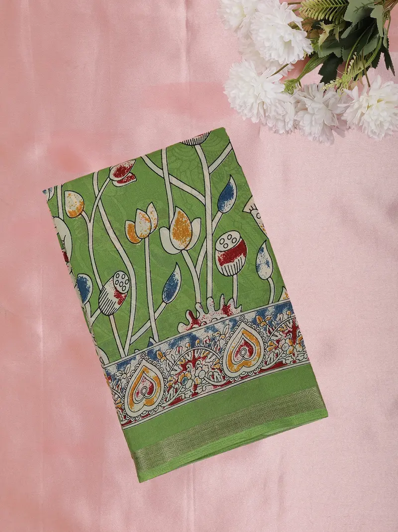 Parrot Green Kalamkari Printed Design Mixed Silk Cotton Fancy Saree 1