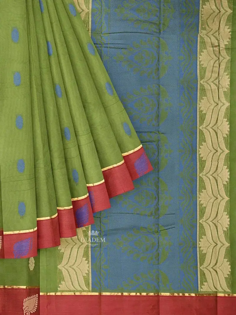 Parrot Green Kanchi Cotton Saree With Thread Butta On The Body And Thread With Zari Border 1