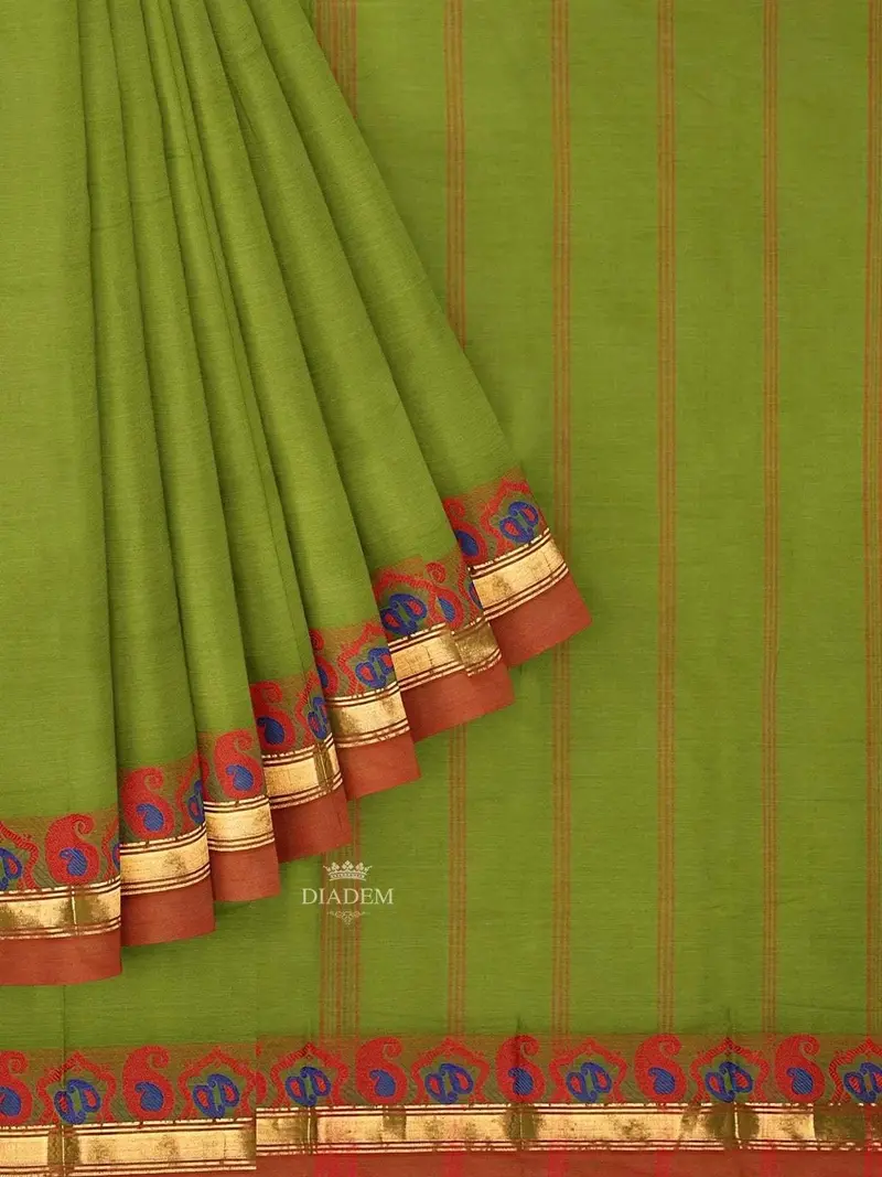 Parrot Green Kanchi Cotton Saree With Thread Butta On The Body And Thread With Zari Border 1