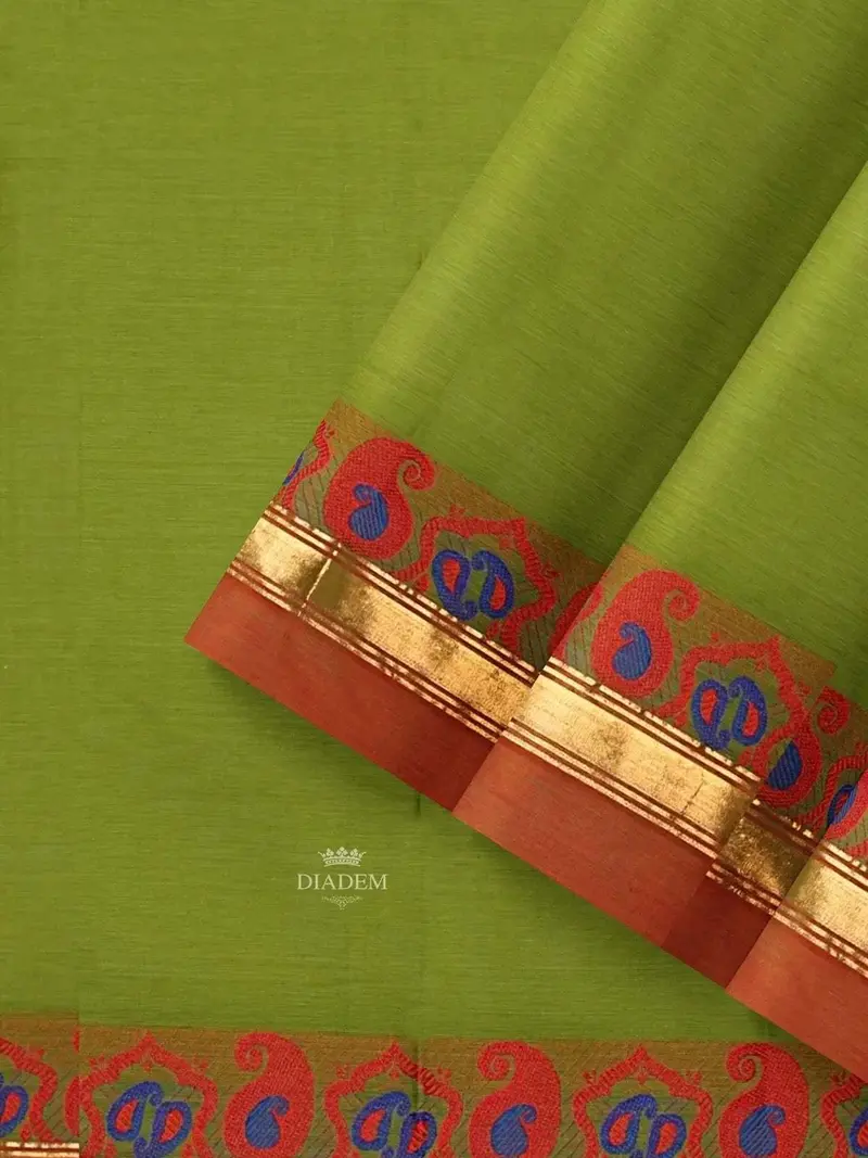Parrot Green Kanchi Cotton Saree With Thread Butta On The Body And Thread With Zari Border 2