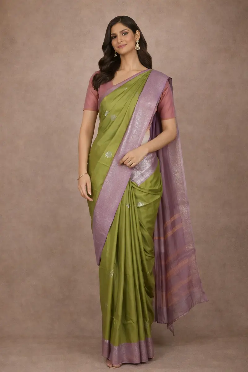 Parrot Green Leaf Design Zari Woven Soft Silk Saree 1