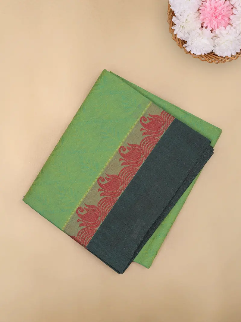 Parrot Green Leaf Woven Design Cotton Saree 1