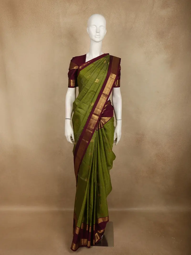 Parrot Green Mini Checked And Butta Zari Woven Design Pure Kanchipuram Silk Saree With Contrast Double Zari Border 1