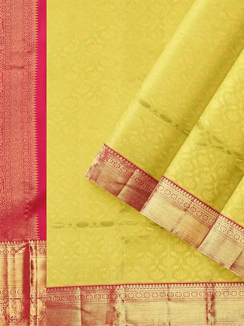 Parrot Green Pure Kanchipuram Bridal Silk Saree With Zari Brocade On The Body And Contrast Zari Border 2