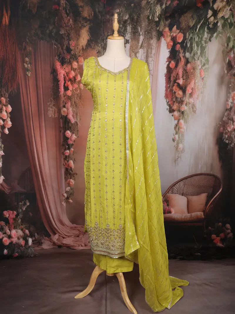 Parrot Green Sequins Embroidered Tissue Silk Suit With Dupatta 1