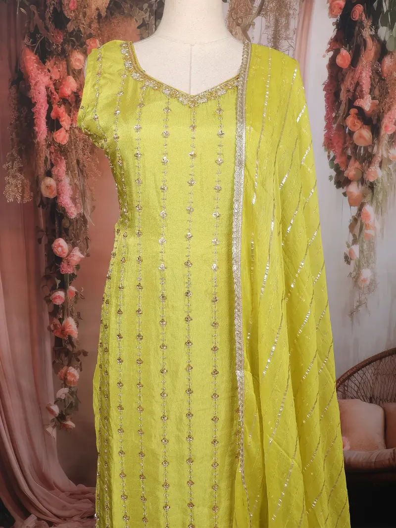 Parrot Green Sequins Embroidered Tissue Silk Suit With Dupatta 2