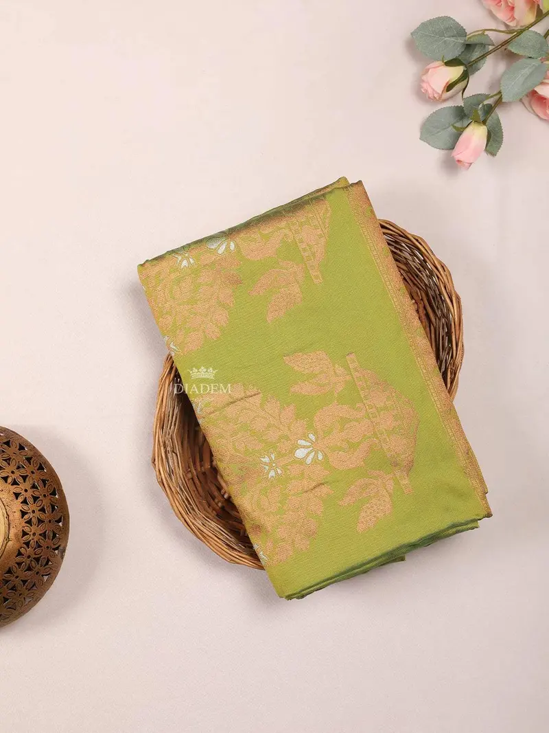 Parrot Green Silk Cotton Saree With Floral Motif On The Body And Zari Border 1