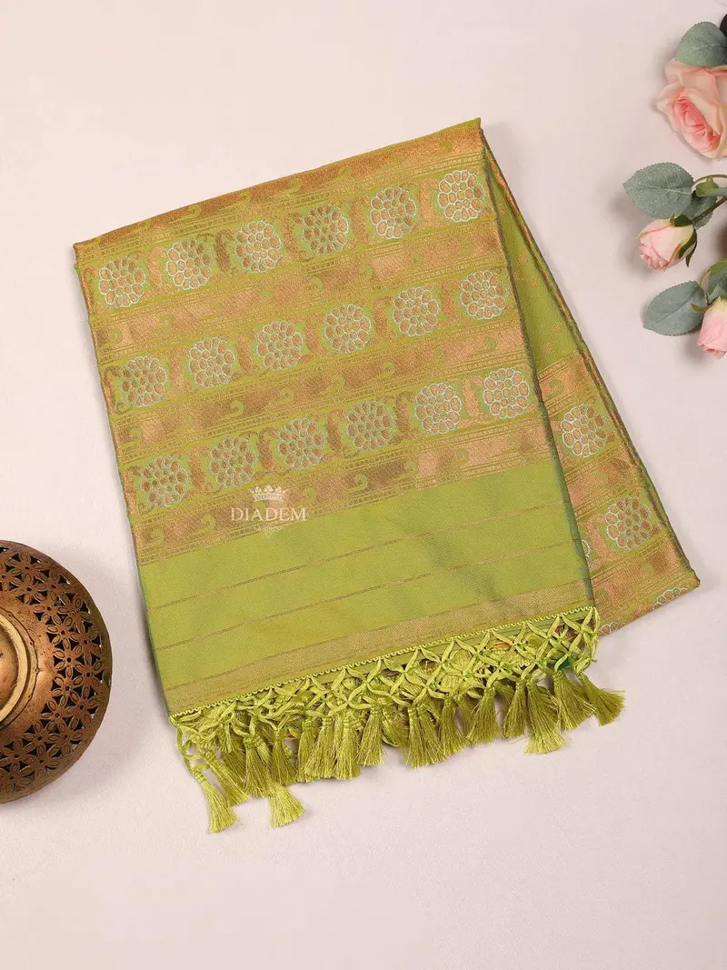 Parrot Green Silk Cotton Saree With Floral Motif On The Body And Zari Border 2