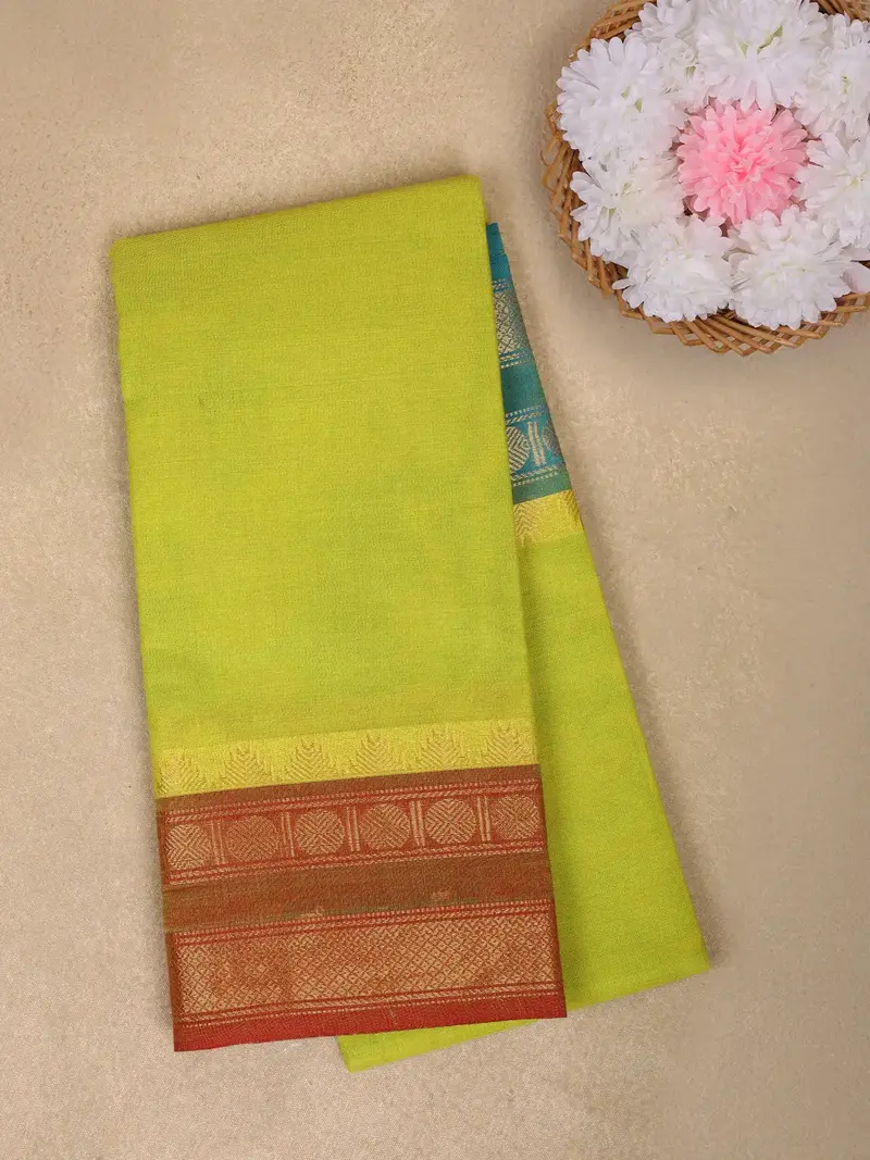 Parrot Green Solid Design Cotton Saree With Zari Border 1