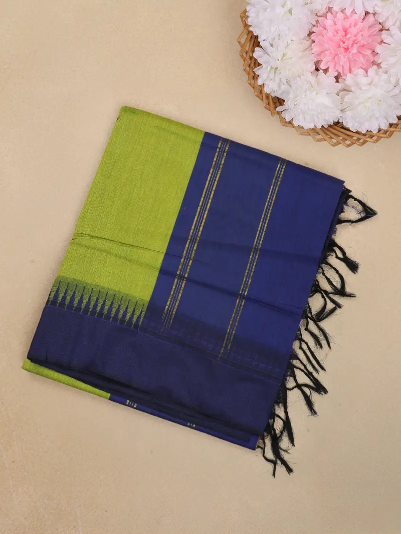 Parrot Green Solid Design Kalyani Cotton Saree With Contrast Temple Border 1