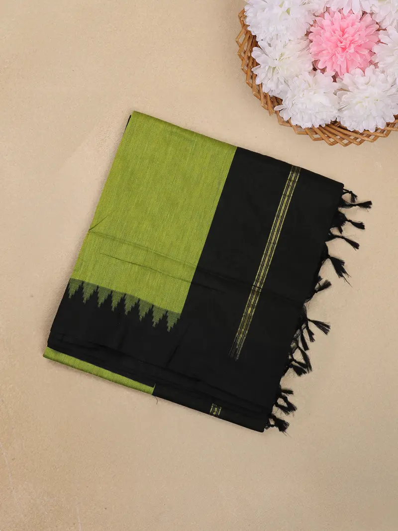 Parrot Green Solid Design Kalyani Cotton Saree With Contrast Temple Border 1