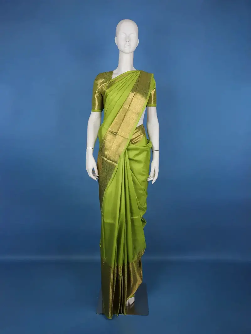 Parrot Green Solid Design Zari Border Silk Saree 1