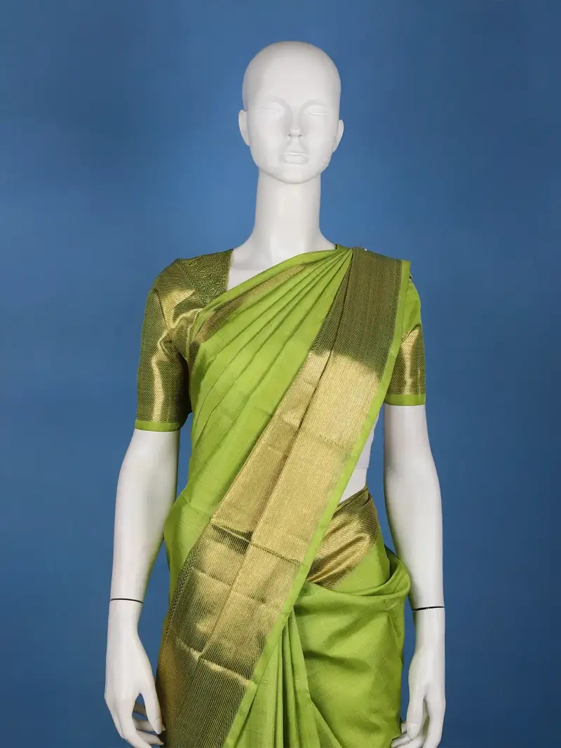 Parrot Green Solid Design Zari Border Silk Saree 2
