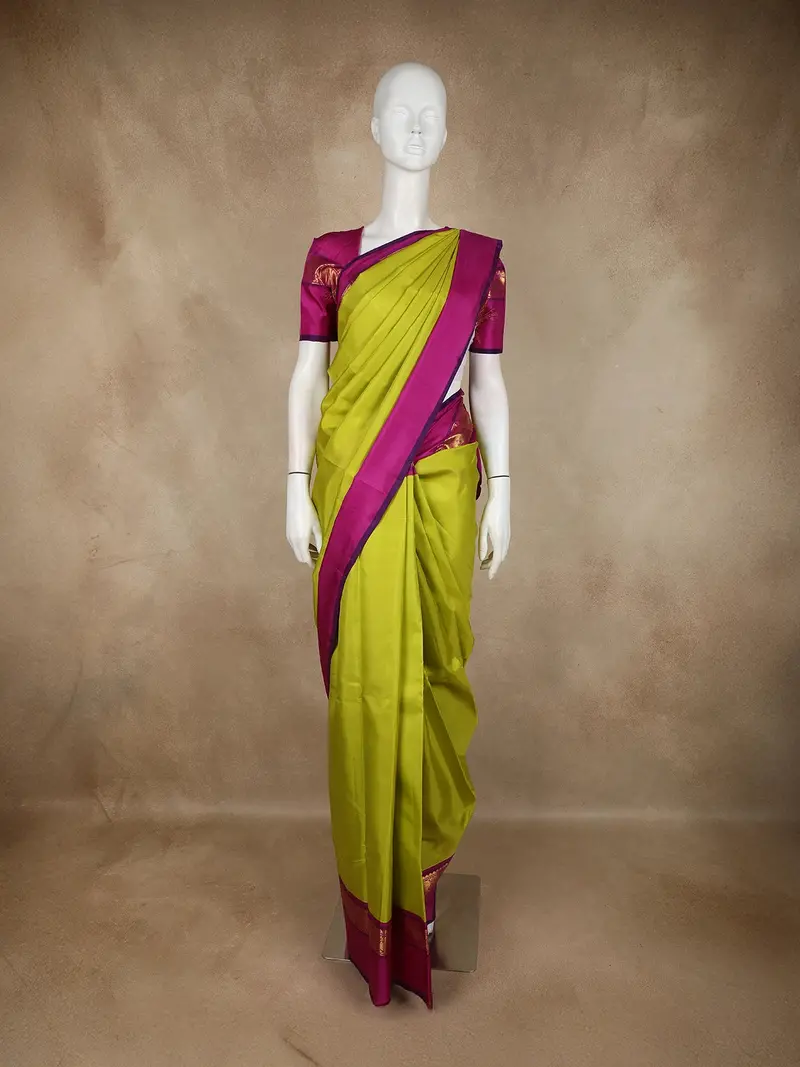 Parrot Green Solid Woven Design Pure Kanchipuram Silk Saree With Contrast Purple Border 1