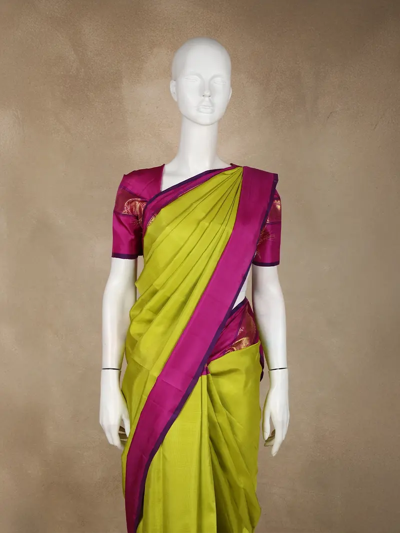 Parrot Green Solid Woven Design Pure Kanchipuram Silk Saree With Contrast Purple Border 2