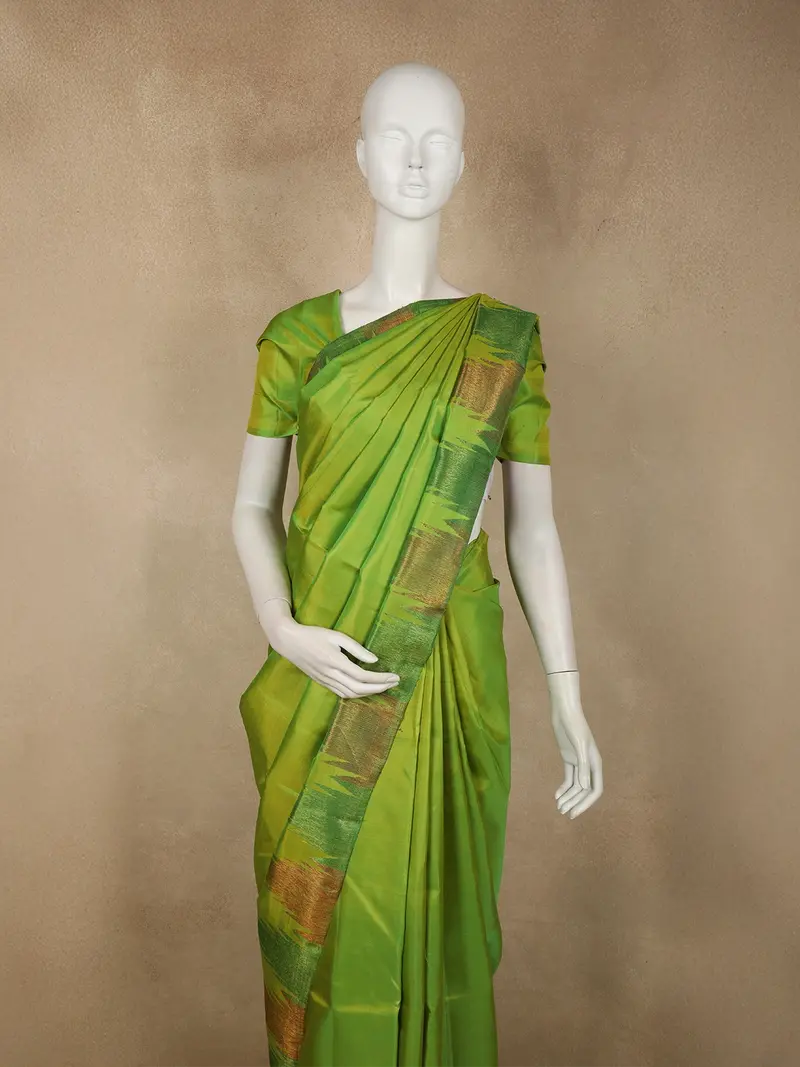 Parrot Green Solid Woven Design Pure Kanchipuram Silk Saree With Temple Zari Border 2