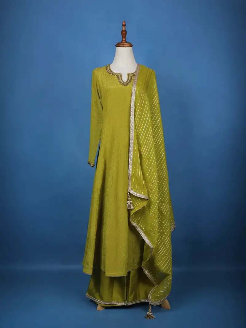 Parrot Green Solid Zardosi Worked Semi Silk Salwar Suit 1