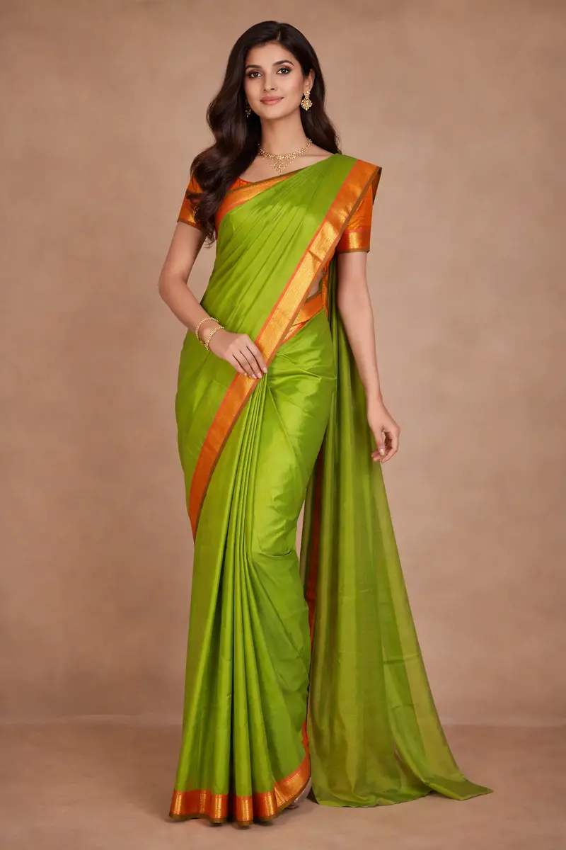 Parrot Green Solid Zari Border Kanchipuram  Silk Saree 1