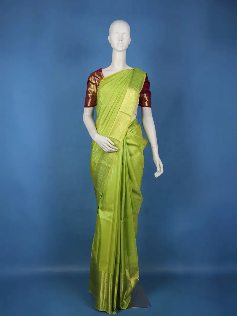 Parrot Green Striped Woven Design Pure Kanchipuram Silk Saree 1