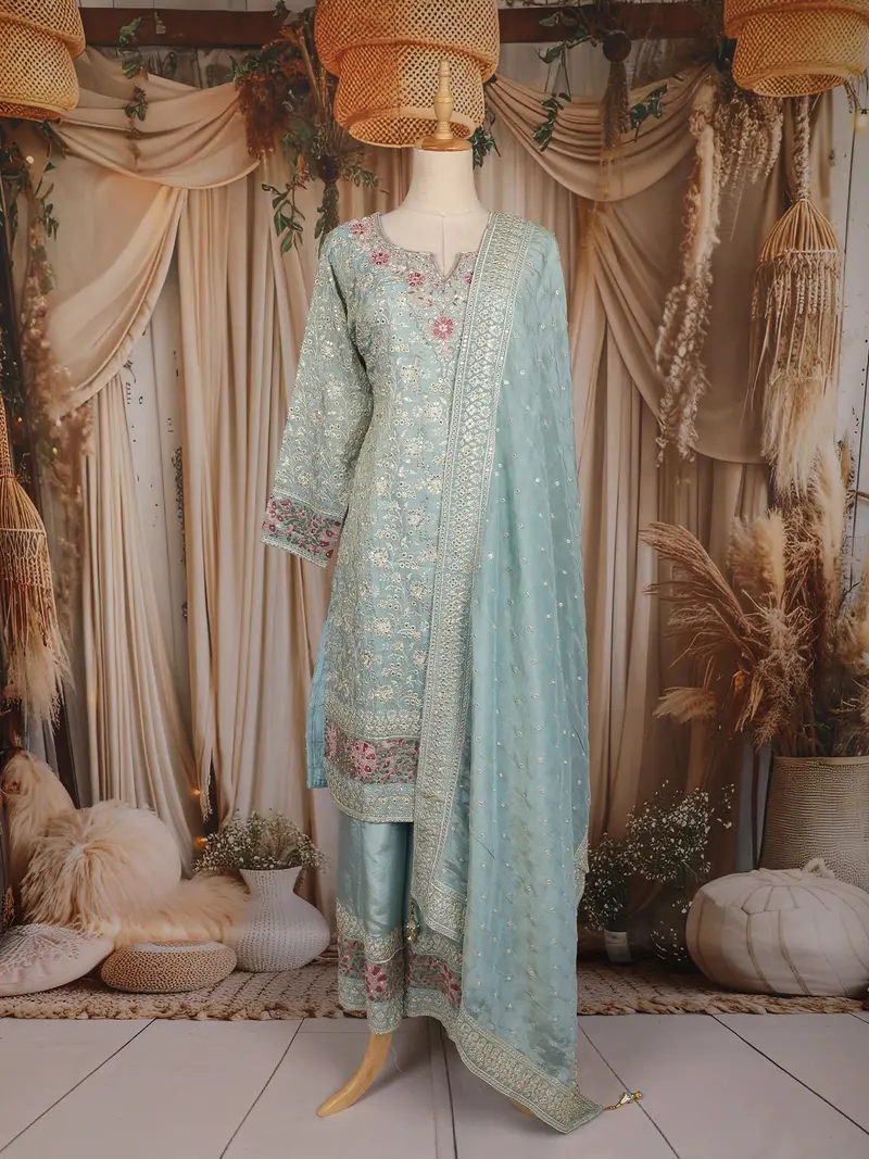 Pastel Aqua Blue Floral And Sequins Embroidered Georgette Palazzo Suit 1