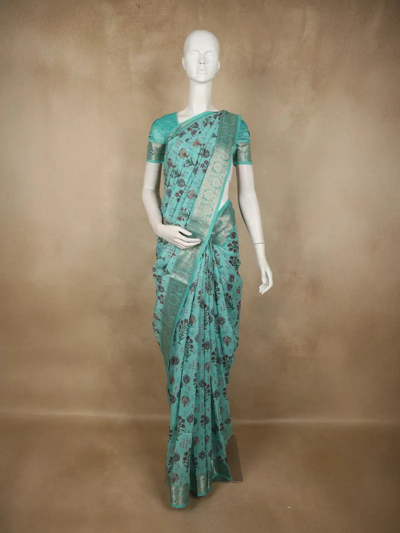 Pastel Aqua Blue Floral Design Art Silk Designer Saree 1
