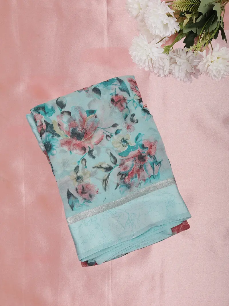 Pastel Aqua Blue Floral Printed Design Mixed Cotton Saree 1